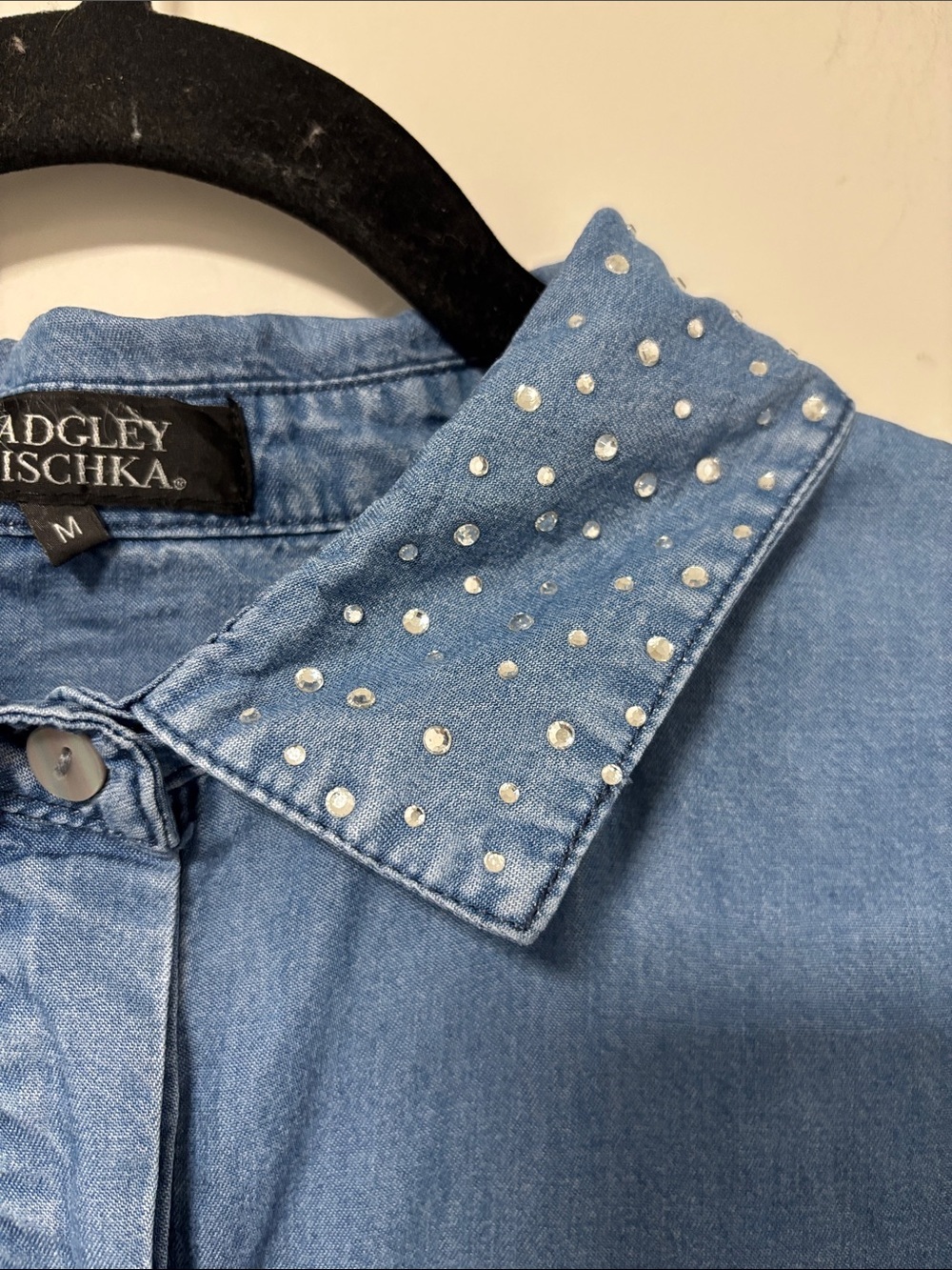 Badgley Mischka Light Blue Chambray Shirt with Crystal Studs - Picture 3 of 8